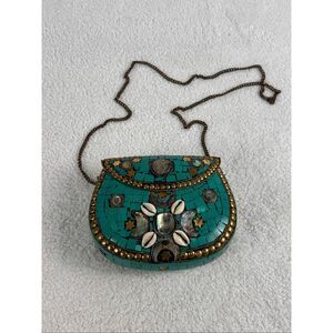 Antik Kraft Amoli Aqua Mosaic & Brass Clutch Mother of Pearl/Shell Accent